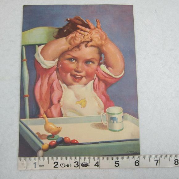 Vintage Litho Art Print Baby High Chair Pink Dress Bib Cup Segur Gulbransen - Picture 5 of 12